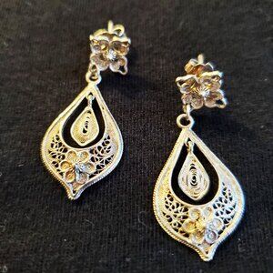 Nearly New Portuguese Sterling Silver Filigree Drop Earrings